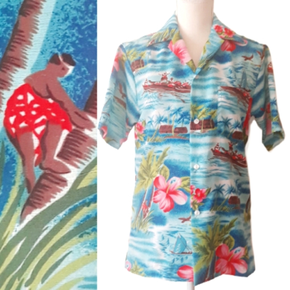 Vintage Hilo Hattie Blue Seaside Print Hawaiian Shirt - Sz Small Tropical Shirt